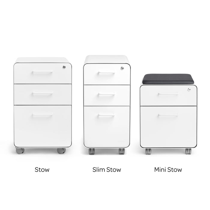 Three white modular filing cabinets: Stow, Slim Stow, and Mini Stow, on white background. (White-White)(Light Gray-White)(Black-Black)