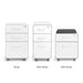 Three white mobile filing cabinets in different sizes labeled Stow, Slim Stow, (Black-Black)(Aqua-White)(Charcoal-Charcoal)(White-Charcoal)(Slate Blue-White)(Light Gray-White)(White-White)(Pool Blue-White)