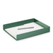 Green desk tray with white paper sheets and silver pen on white background. (Sage)