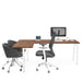 Modern office workspace with computer, desk, and ergonomic chair on white background. (Walnut)