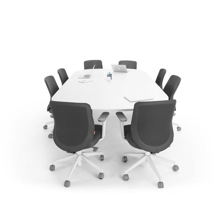 Modern conference room with white table and black office chairs on a white background. (White-114&quot;)