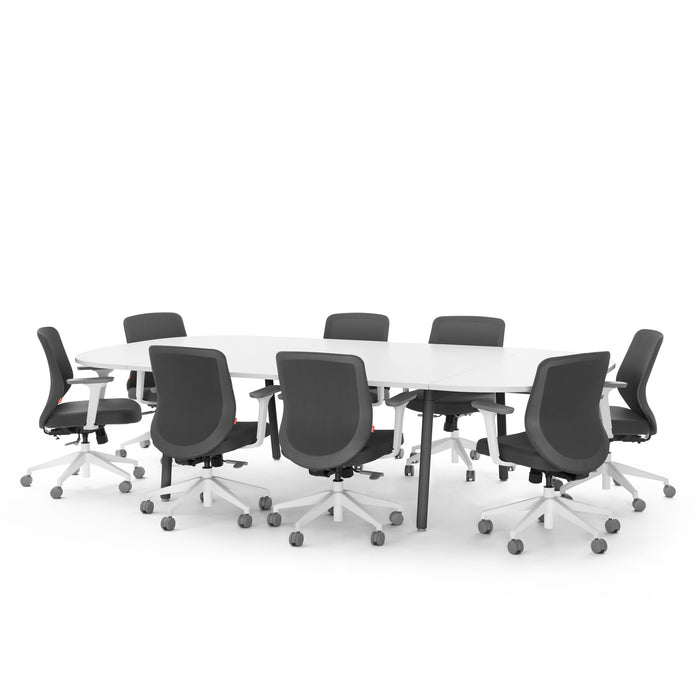 Modern conference room with a large white table and black office chairs on a white background. (White-114&quot;)