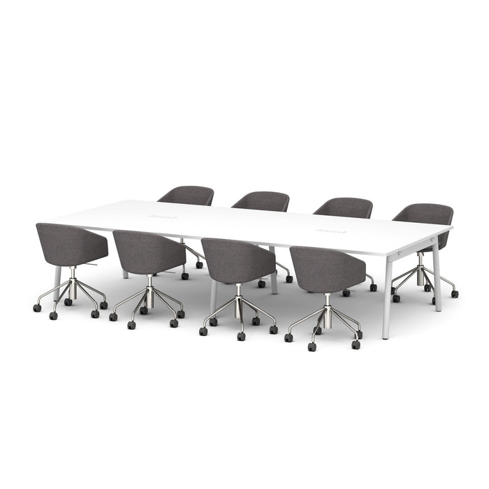 Modern white conference table with gray office chairs on a white background. (White-132&quot;)