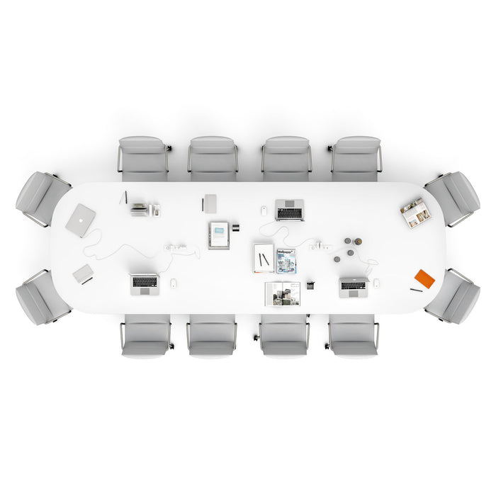 Boardroom table with chairs and electronic devices from a top-down view. (White-180&quot;)