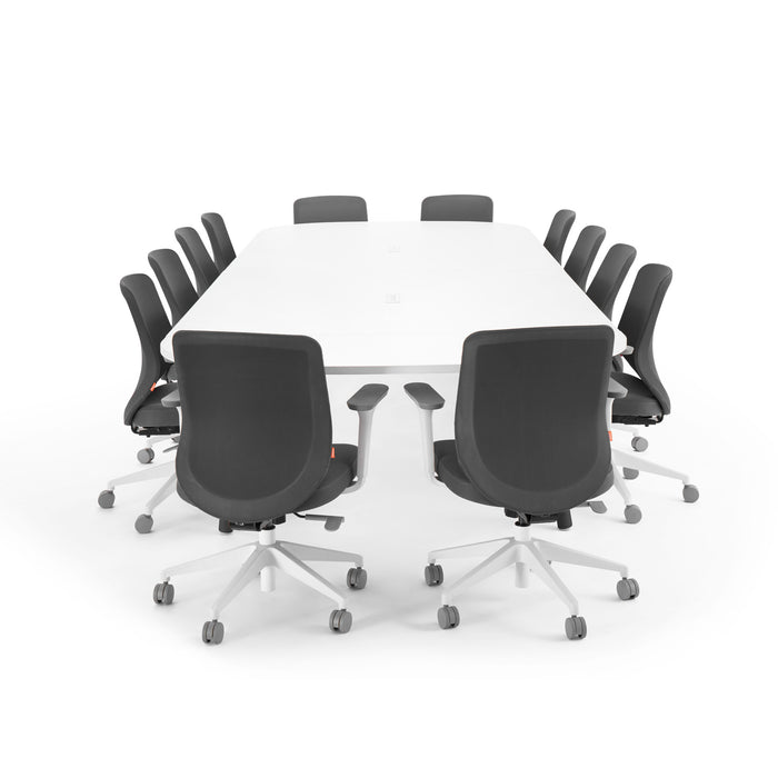Modern conference room with large white table and black office chairs on a white background. (White-180&quot;)
