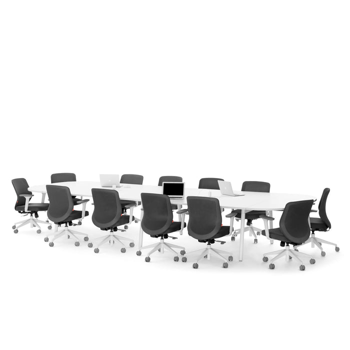 Modern office meeting room with long white table and black chairs on white background. (White-180&quot;)