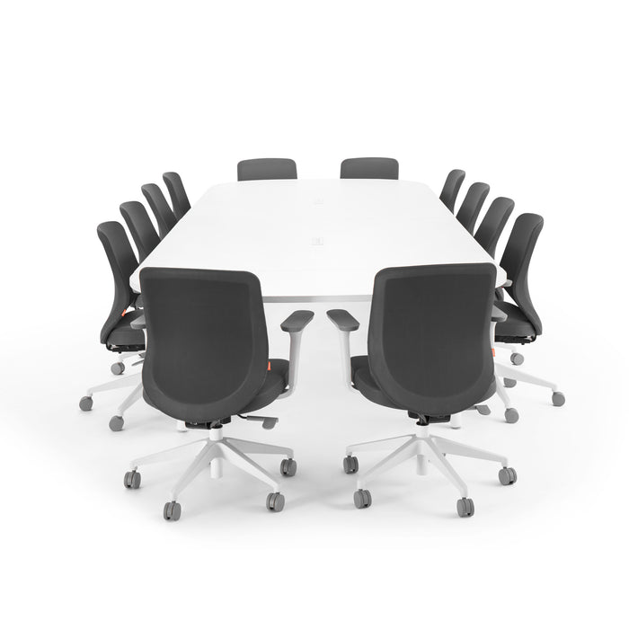Modern conference room with long white table and black office chairs on a white background. (White-180&quot;)