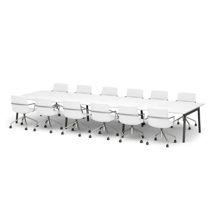 Modern conference room with large white table and chairs on white background. (White-198&quot;)