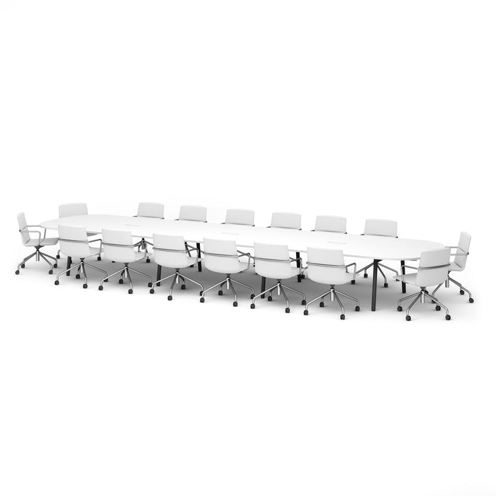 Long white conference table with modern chairs on a white background. (White-246&quot;)