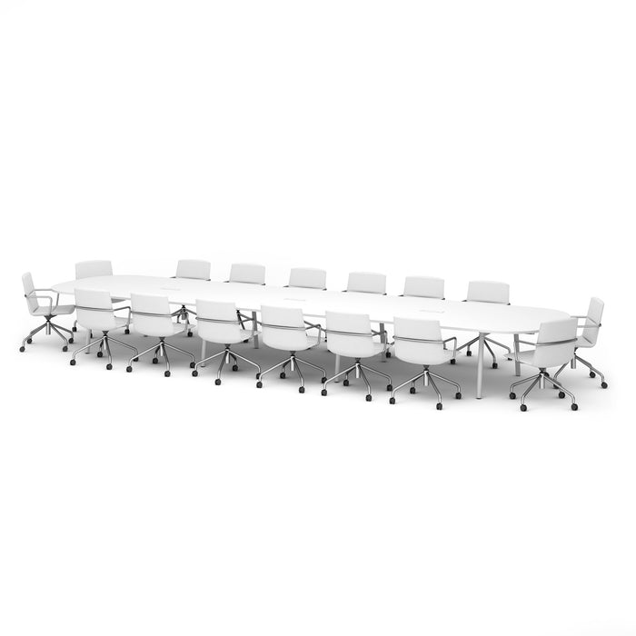 Long white conference table with modern chairs on a white background. (White-246&quot;)