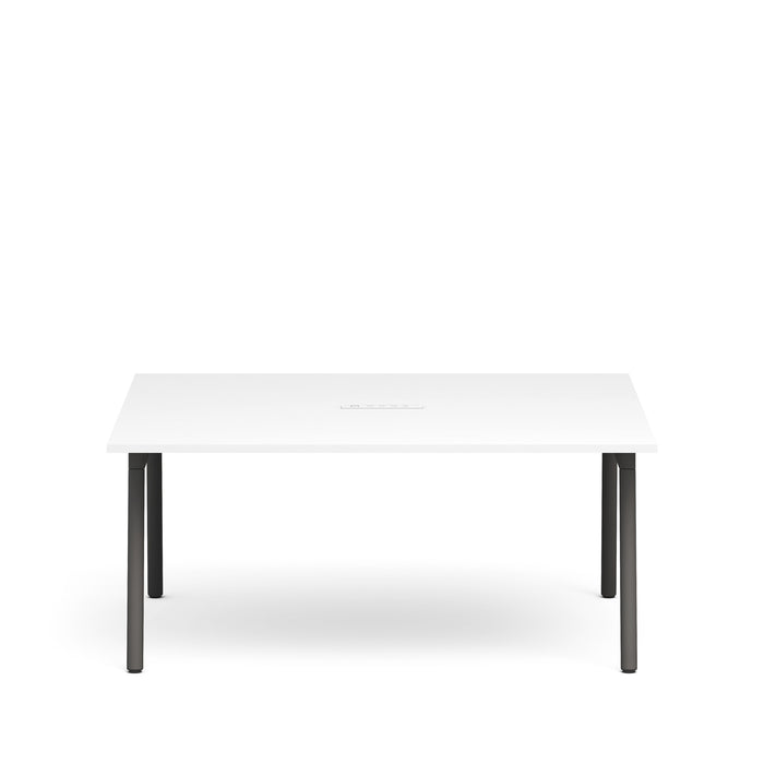 Modern white rectangular coffee table with black legs on a white background. (White-66&quot;)