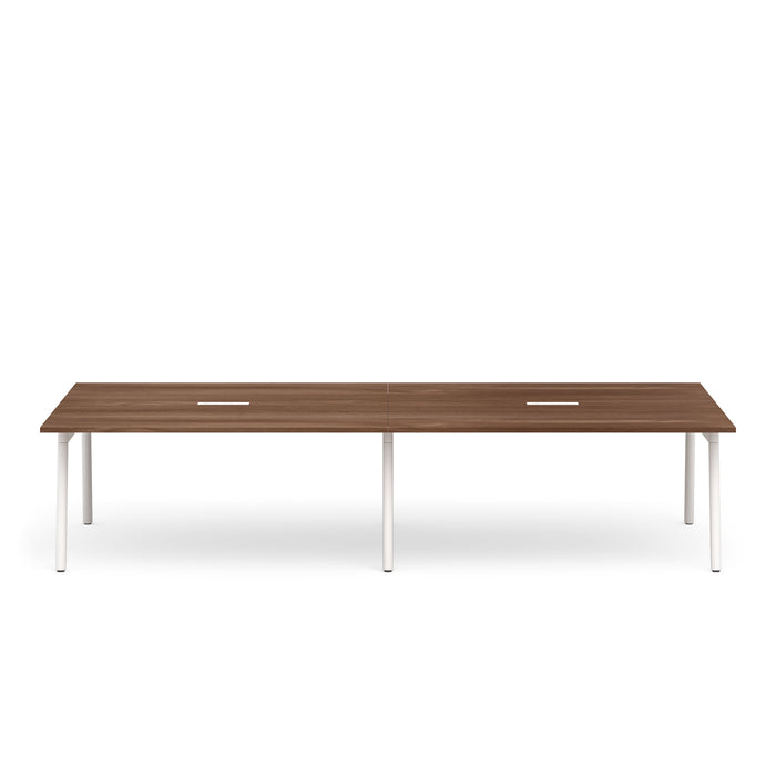 Modern brown office desk with white legs and dual drawers on white background. (Walnut-132&quot;)