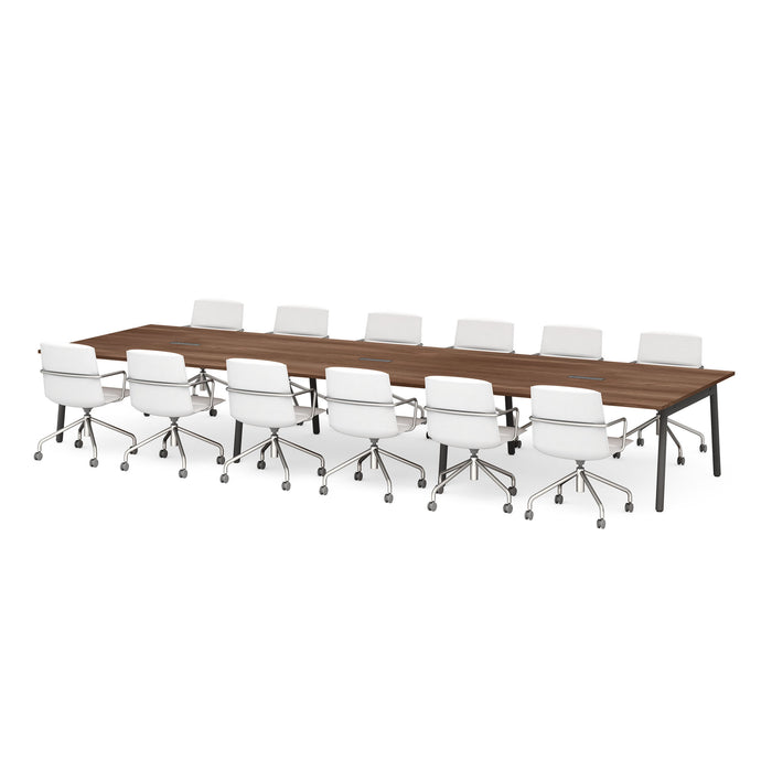 Modern conference room setup with long table and white office chairs. (Walnut-198&quot;)