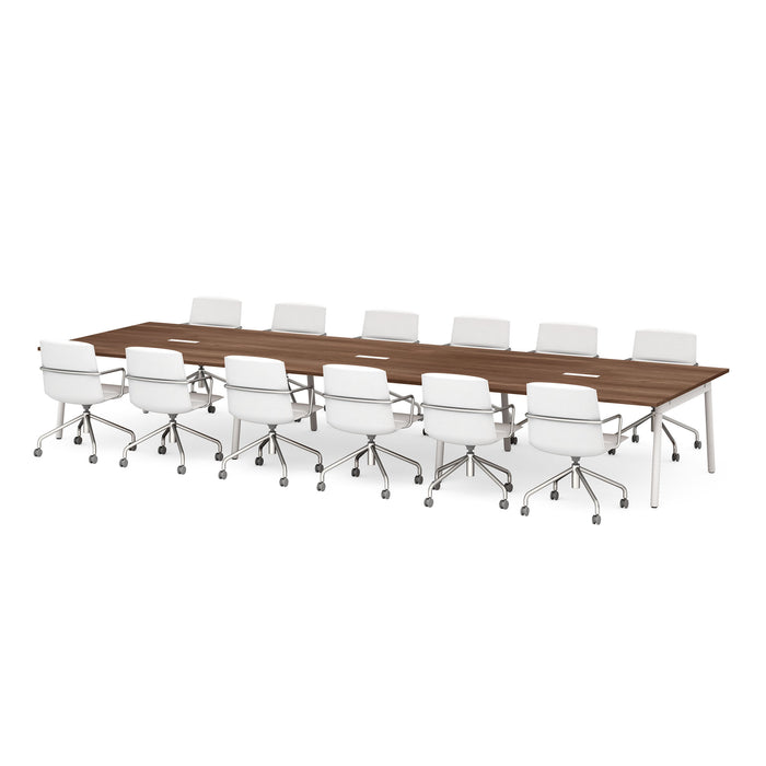 Long conference table with white office chairs on white background. (Walnut-198&quot;)
