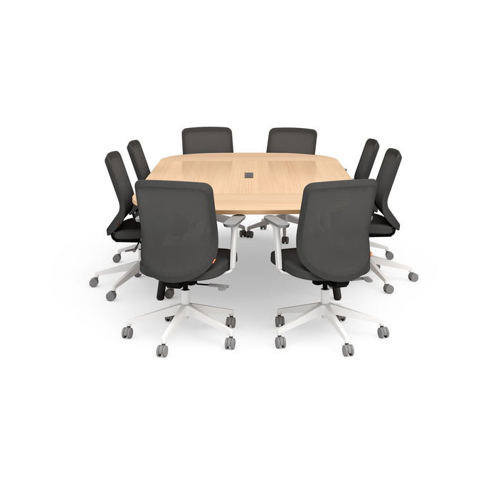 Modern office conference table with black chairs on a white background. (Natural Oak-114&quot;)