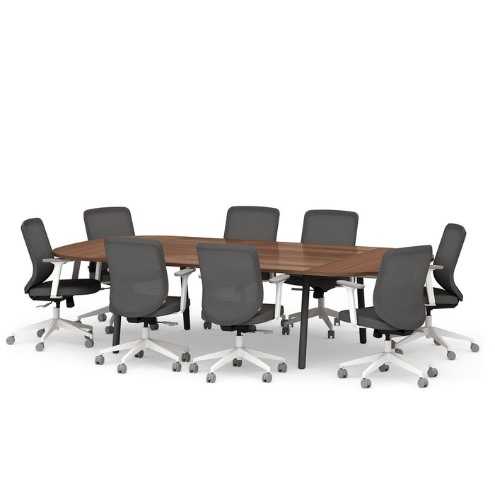 Modern conference room with long wooden table and black office chairs. (Walnut-114&quot;)