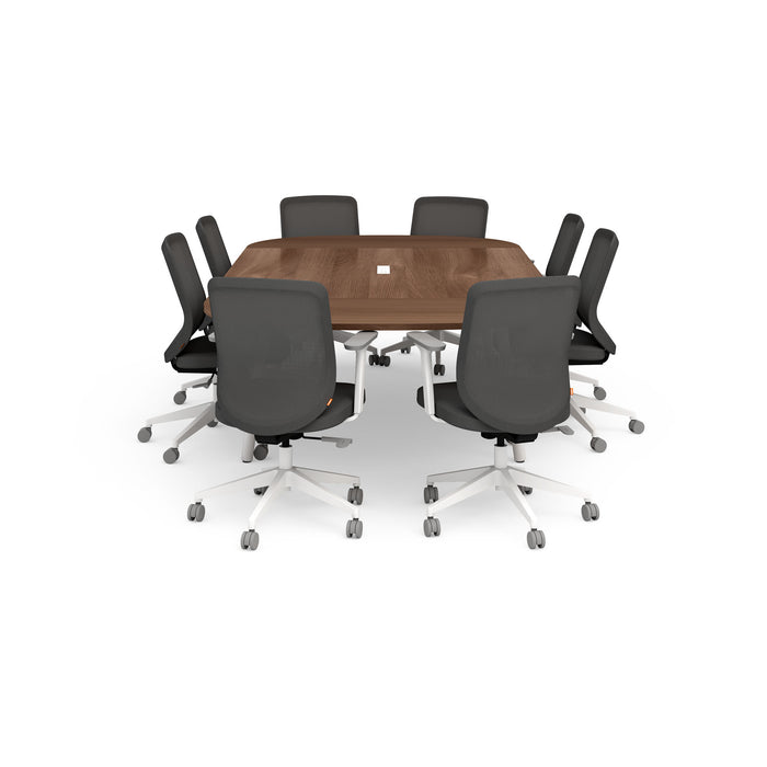Modern office conference table with black chairs on white background. (Walnut-114&quot;)
