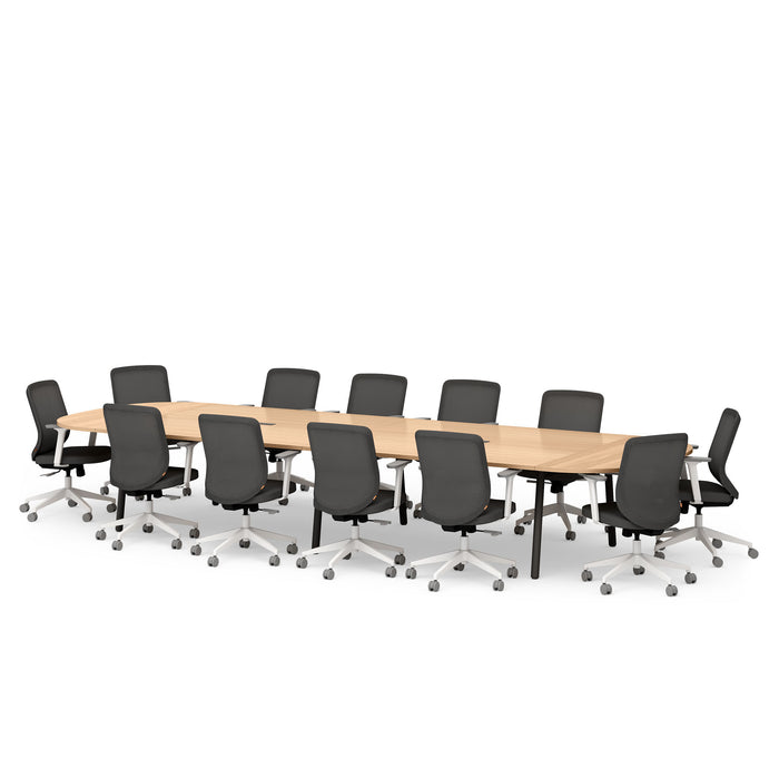 Long conference table with black office chairs on a white background. (Natural Oak-180&quot;)
