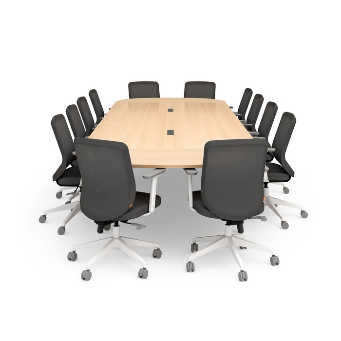 Modern conference room setup with large wooden table and black office chairs on a white background. (Natural Oak-180&quot;)