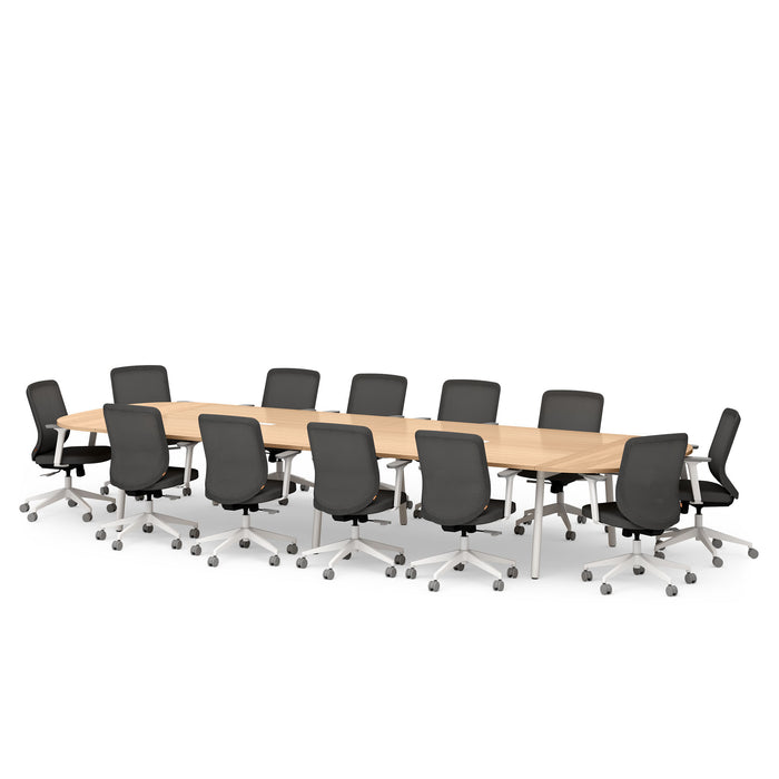 Modern conference table with black office chairs on white background. (Natural Oak-180&quot;)