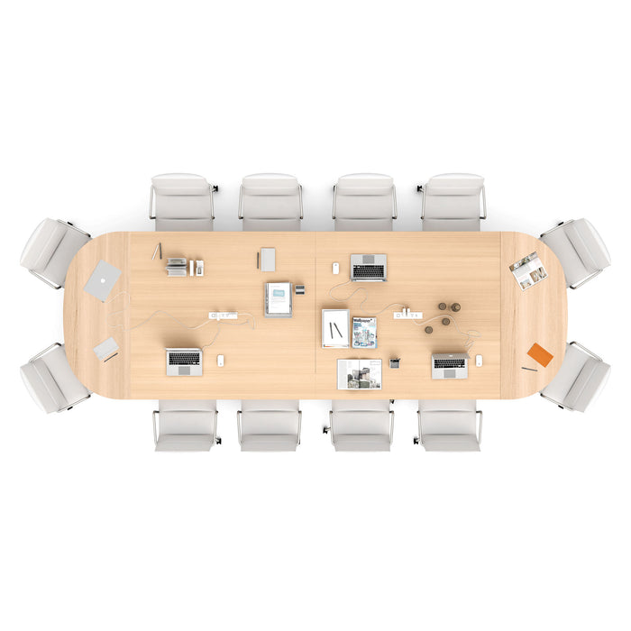 Modern office conference room layout with table, chairs, and tech equipment viewed from above. (Natural Oak-180&quot;)