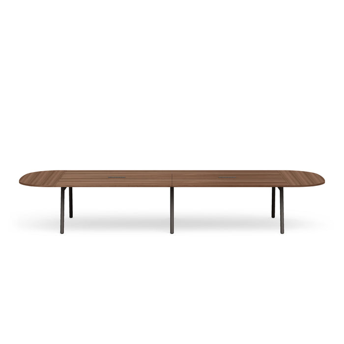 Long wooden oval-shaped conference table with metal legs on a white background. (Walnut-180&quot;)