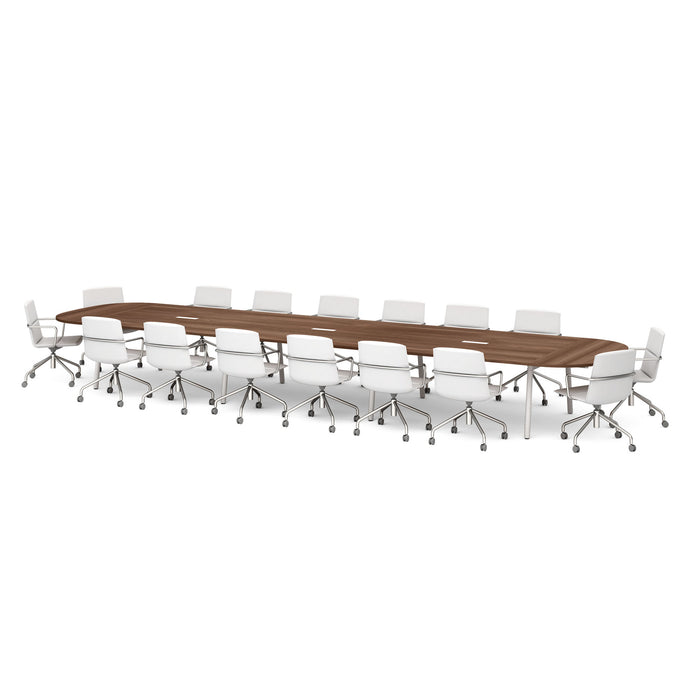 Long conference table with white chairs on a white background. (Walnut-246&quot;)