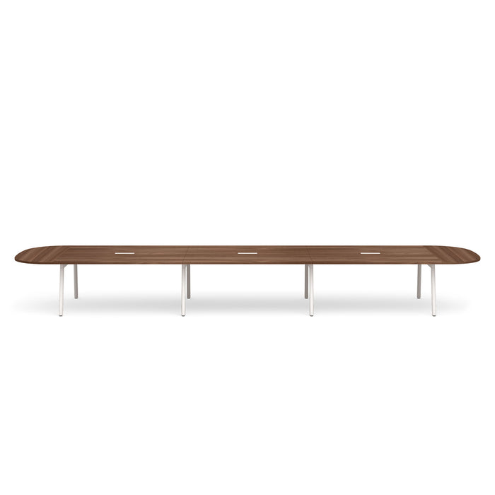 Modern walnut conference table with sleek metal legs on white background. (Walnut-246&quot;)