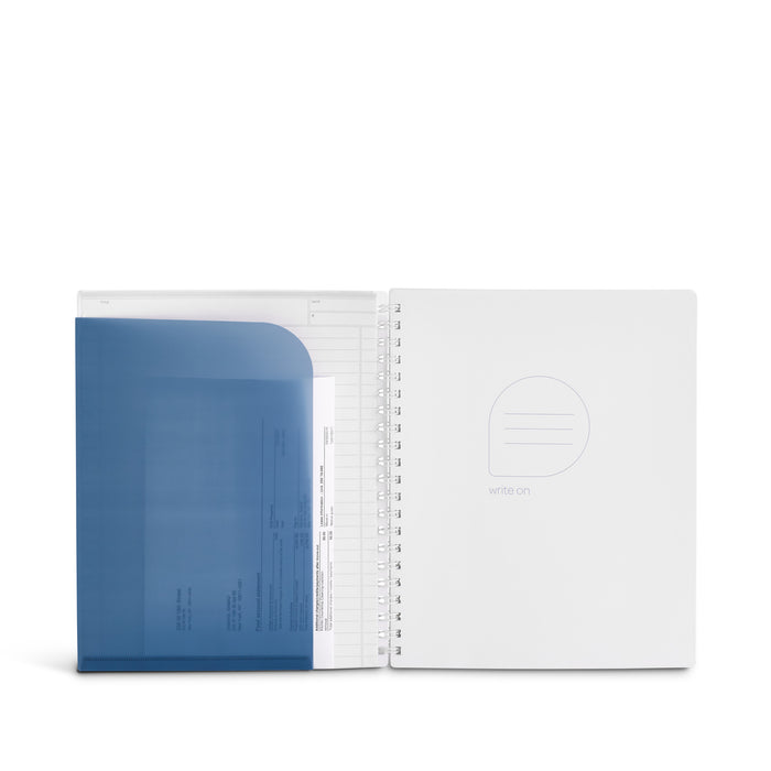 White notebook with translucent blue pocket and ruler against white background. (Slate Blue-1 Subject)
