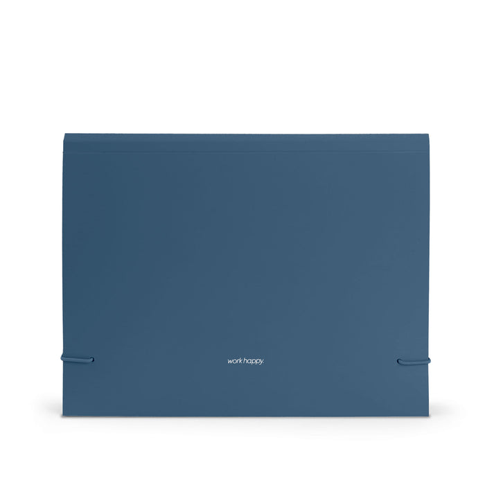 Blue binder folder with "work happy" slogan on clean white background. (Slate Blue)