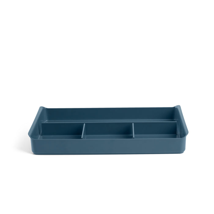 Blue rectangular desk organizer with compartments on white background. (Slate Blue)