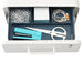 Organized office drawer with supplies including scissors, paperclips, and earphones. (Slate Blue)