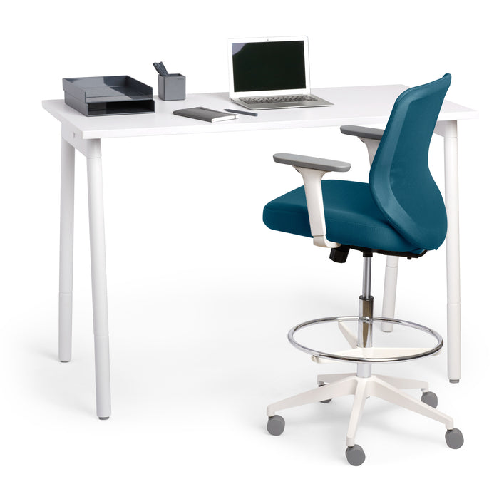Ergonomic office chair and white desk with laptop and stationery. (Slate Blue)