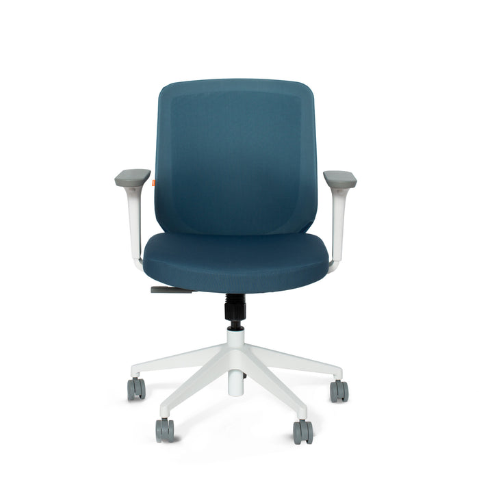 Blue office chair with adjustable white armrests on a white background. (Slate Blue-Mid Back)
