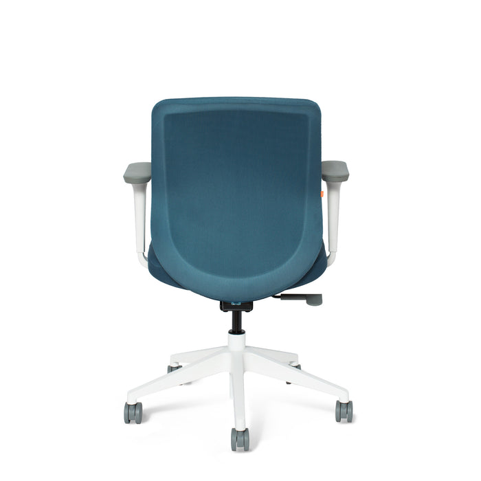 Ergonomic office chair with blue upholstery and white frame on a white background. (Slate Blue-Mid Back)