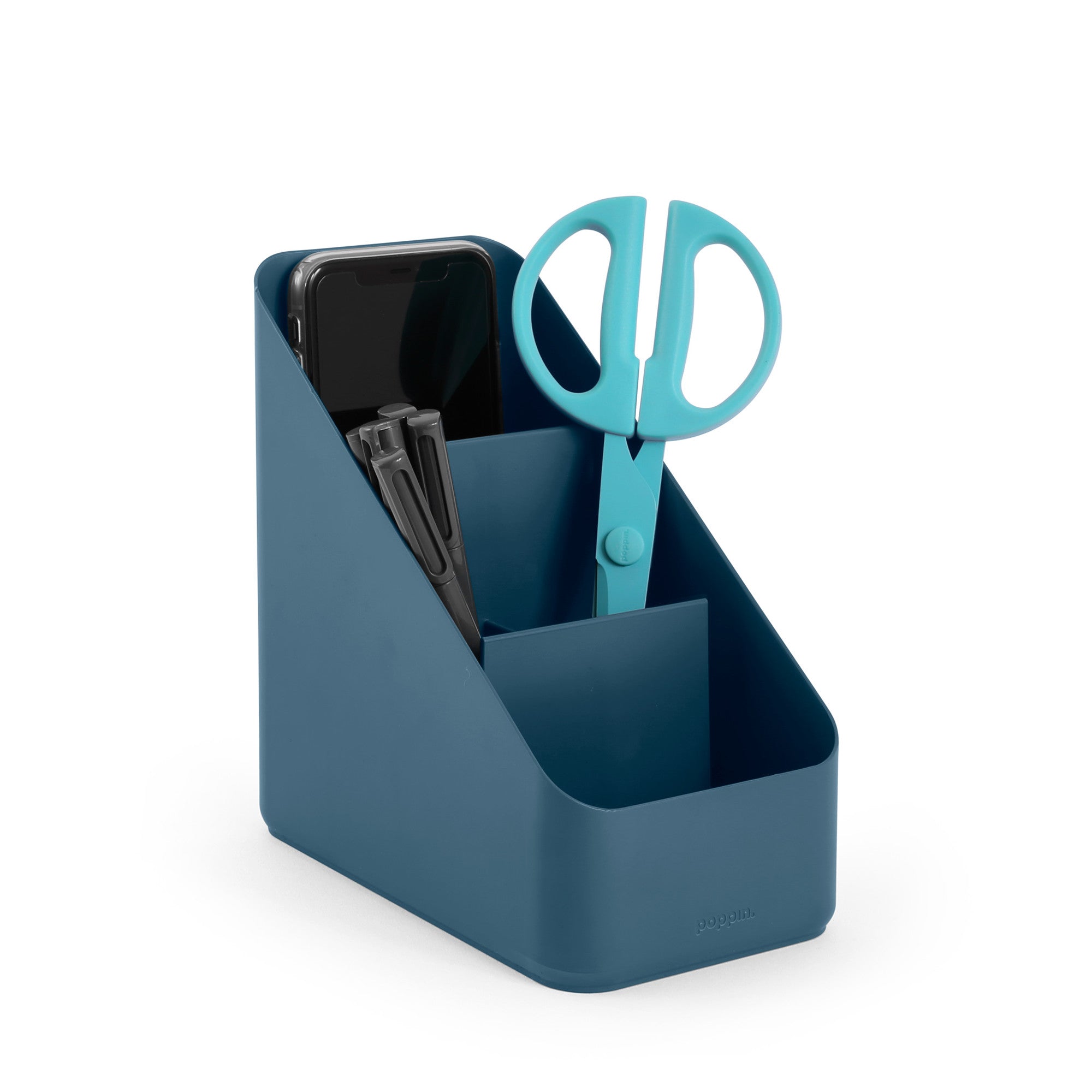 Blue desktop organizer with multiple compartments on white background. (Slate Blue)