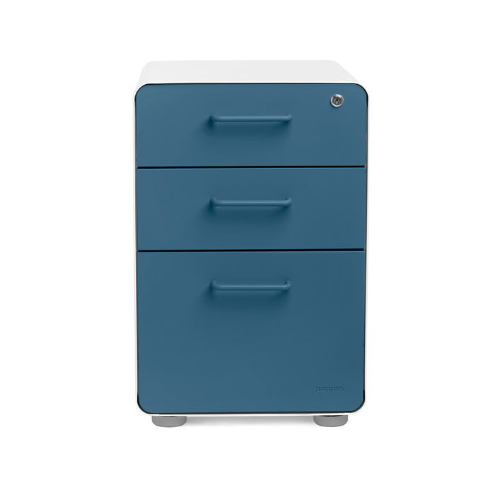 Blue modern three-drawer filing cabinet isolated on white background. (Slate Blue-White)