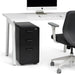 Modern office desk with an iMac, keyboard, black filing cabinet, and ergonomic chair. (Black-Black)