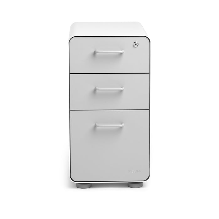 White three-drawer filing cabinet with silver handles isolated on white background. (Light Gray-White)