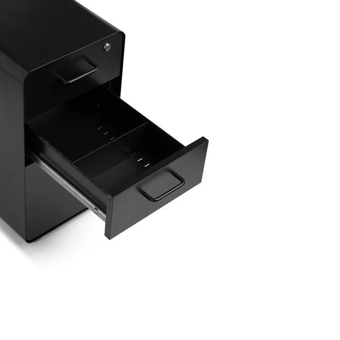 Black office printer with open paper tray on a white background. (Black-Black)