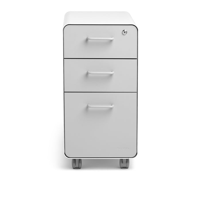 White three-drawer office cabinet on wheels against a clean background. (Light Gray)