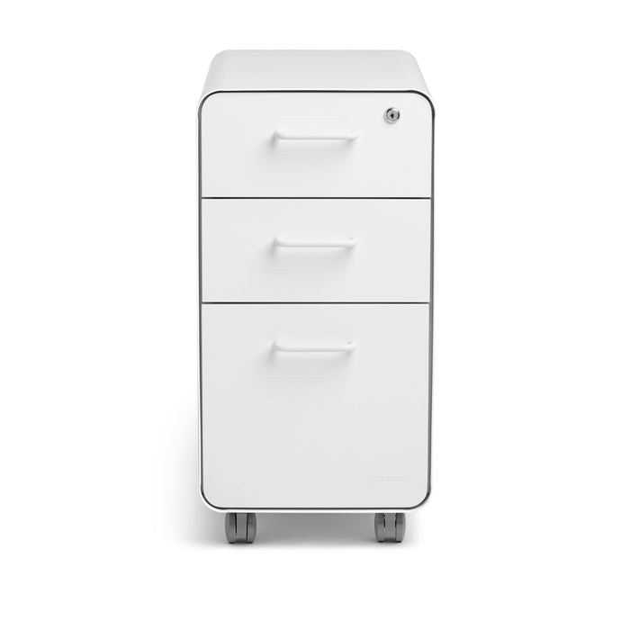 White three-drawer filing cabinet with lock on a white background. (White)