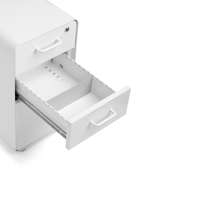 White metal filing cabinet with open drawer on a white background. (White-White)