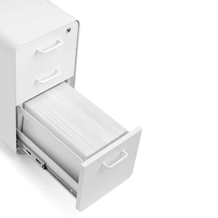 Open white filing cabinet with papers organized inside on a white background. (White-White)