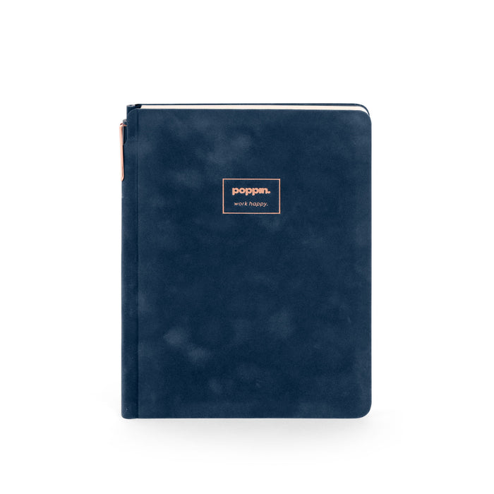 Navy blue Poppi journal with the slogan "work happy" on a white background. (Storm)