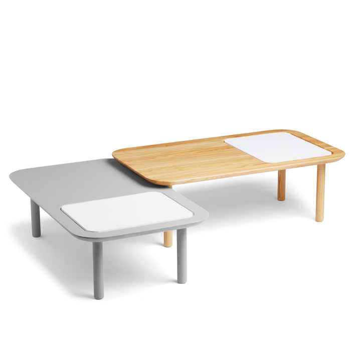 Modern two-level coffee table with white and wood finish on a white background. (Natural Ash)
