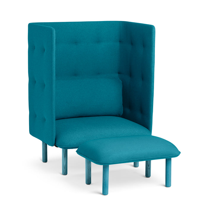 High-back teal blue wing chair with matching ottoman on white background. (Teal)