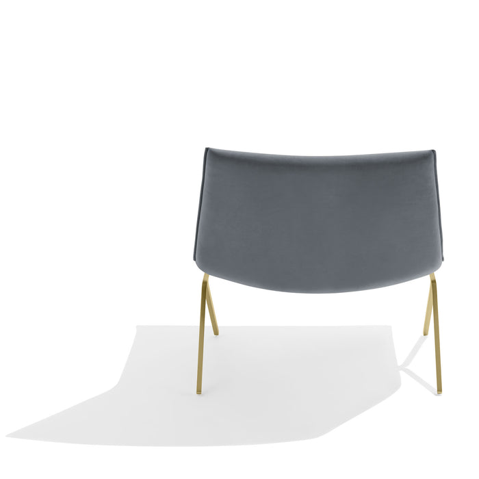 Modern gray chair with gold legs against white background. (Dark Gray-Brass)