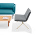 Modern living room furniture setup with a teal sofa, gray chair, and wooden coffee table on a white background. (Dark Gray-Brass)