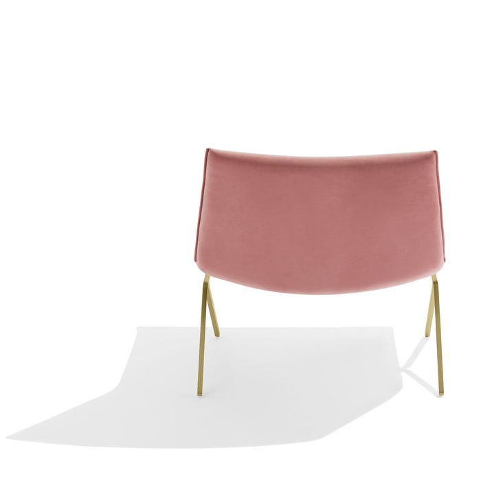Modern pink accent chair with brass legs on white background. (Dusty Rose-Brass)